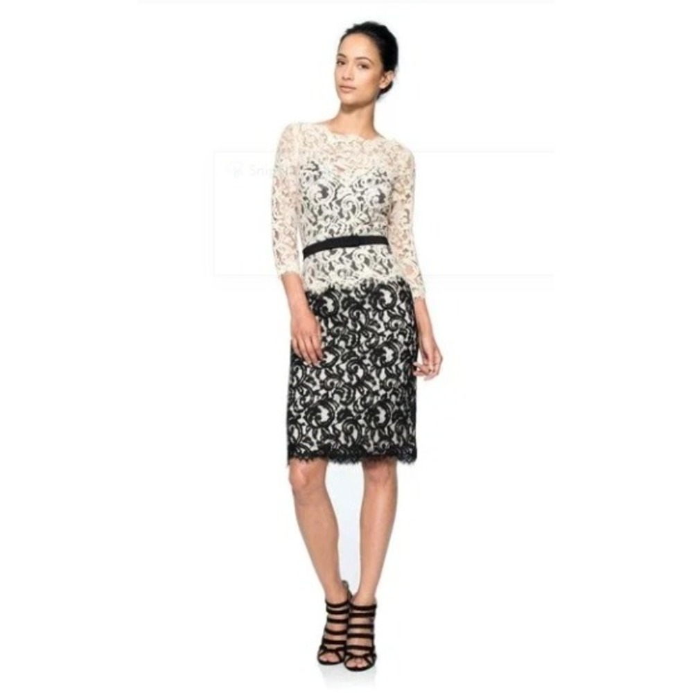 Tadashi Shoji Two Tone Lace Sheath Dress Cream Black 3/4 Sleeves Ribbon Belt 4P